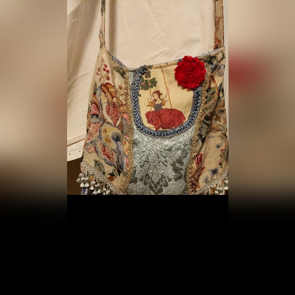 Large Hand Crafted Tapestry Fringe Purse Boho Crossbody Bag Upcycled - Picture 2 of 5